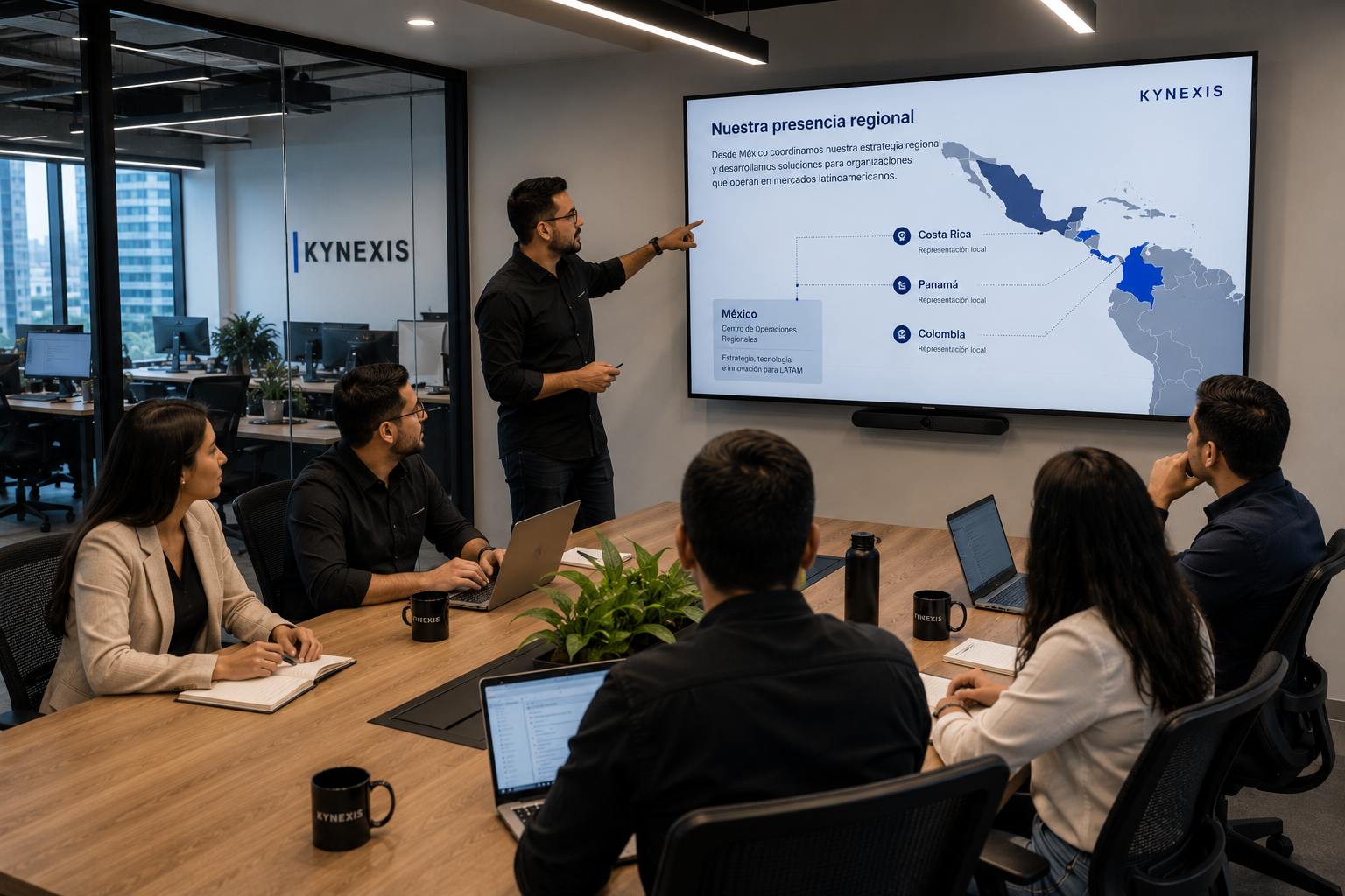 Equipo multidisciplinario de Kynexis colaborando en oficina