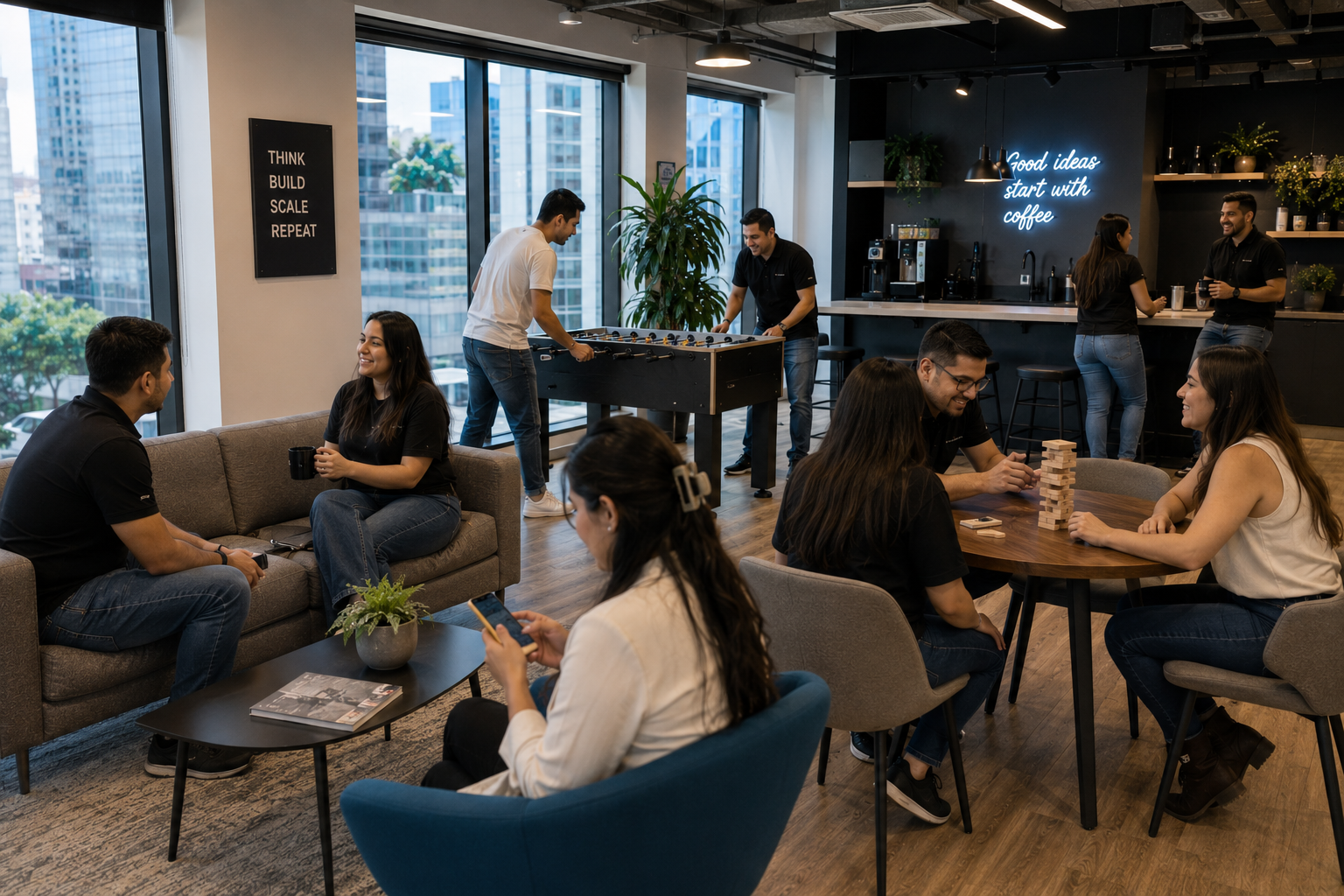 Colaboradores de Kynexis trabajando en estaciones de trabajo